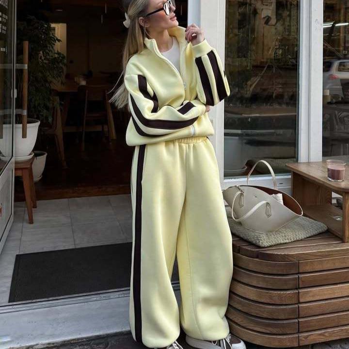Casual European and American Women's Color Matching Suit Zipper Stand-up Neck Cardigan Jacket Elastic Sweatpants Striped Two-piece Set