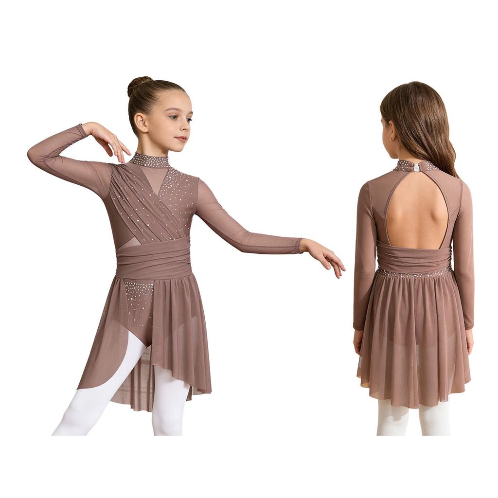 Girls Performance Dress Mock Neck Long Sleeve Cutout Back Sheer Mesh Ruched with Glittery Rhinestones