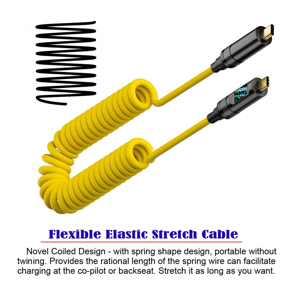 Cablecc 20Gbps To USB4 Smart LED Display Stretch Coiled 100W for Male To Power Data 180CM USB-C Cable, 8K, Laptops, Disks, Phones, Type-C Male, &