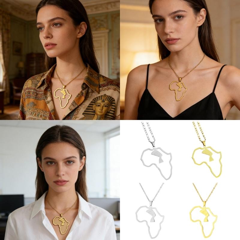 Trendy Unisex Neck Chain Necklace With Detailed Egypt Queen And Africa Map Design Fashionable African Themed Jewelry