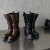 2025 Autumn and Winter New Maillard Retro Knight Boots Women's Versatile Thick-soled Stacking Boots Round Head Belt Buckle Boots
