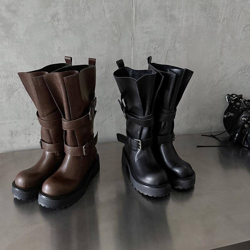 2025 Autumn and Winter New Maillard Retro Knight Boots Women's Versatile Thick-soled Stacking Boots Round Head Belt Buckle Boots