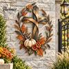 Floral Pumpkin Cross Sign Autumn Harvest Metal Wall Decor, Rustic with Golden Wheat Farmhouse Thanksgiving Door & Fall Leaves, Plaque for Porch Garden