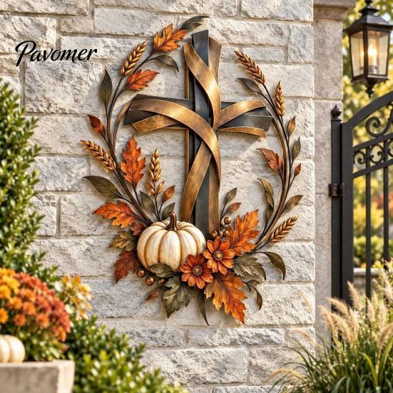 Floral Pumpkin Cross Sign Autumn Harvest Metal Wall Decor, Rustic with Golden Wheat Farmhouse Thanksgiving Door & Fall Leaves, Plaque for Porch Garden