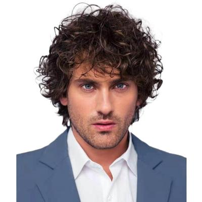 Perruque homme style européen et américain à usage quotidien, aspect naturel, boucles courtes et ondulées, marron foncé, avec frange
