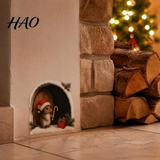 Waterproof PVC Winter Wall Art Christmas Mouse Sticker, Hole Decal, Peel Creative Holiday Gift for Friends And Stick Decor Home Party Festive