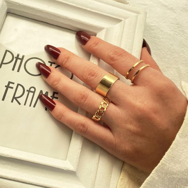 Sada prstenů s českým zlatým řetízkem pro ženy Fashion Boho Coin Snake Moon Rings Dárkové šperky Party Trend
