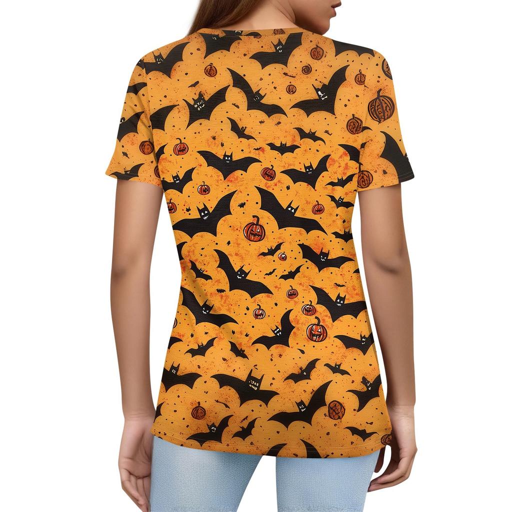 Women's T Shirt Halloween Print Button Short Sleeve Daily Weekend Fashion Basic V- Neck Regular Top