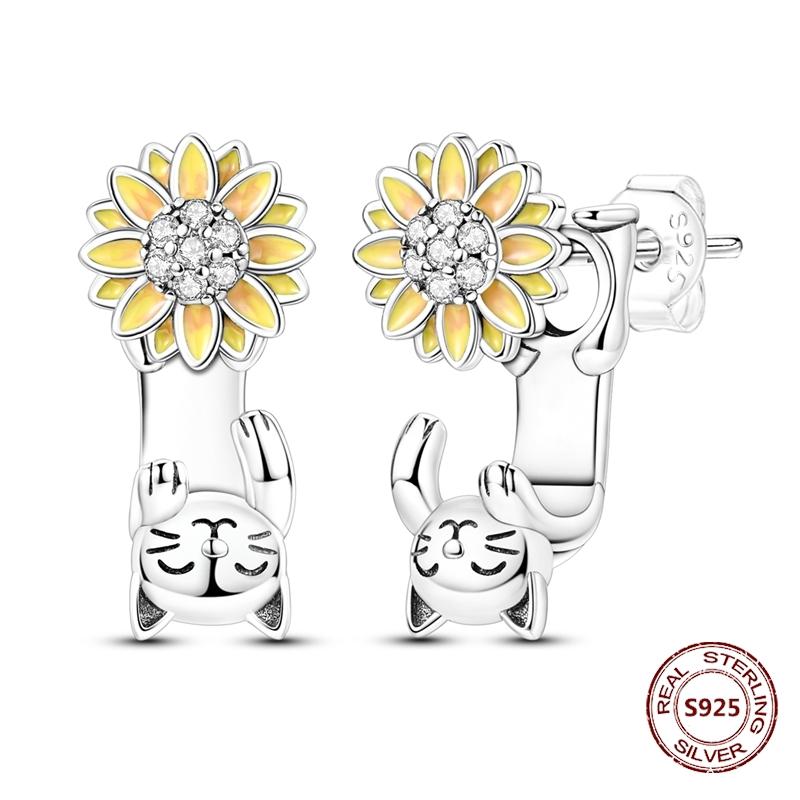 New 925 Silver Chameleon Unicorn Cute Stud Earrings Zircon Blue Eyes Flower Small Earrings For Women Girls Lovely Jewelry Gift