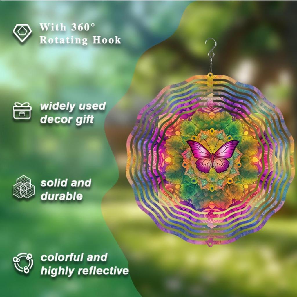10-calowy kolorowy wiatraczek motylkowy Metalowa dekoracja ogrodowa z obrotowym hakiem 360 stopni na patio, balkon, podwórko, dekoracja zewnętrzna