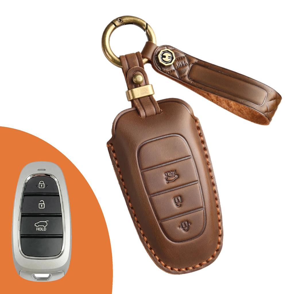 Leather Car Key Case Cover Fob Protect for Hyundai 3/4/5/7 Buttons Top Layer Leather
