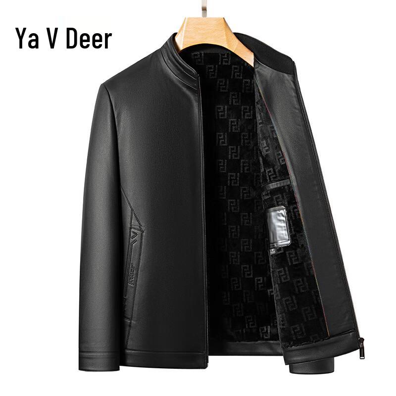 Yalu Men's Slim-Fit Stand-Collar Fleece-Lined Leather Jacket