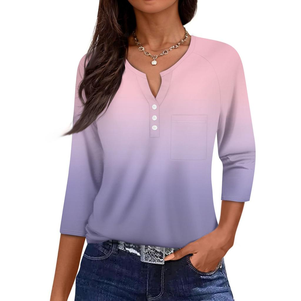 Damen Lässige Mode V-Ausschnitt Locker Vielseitig Farbverlauf Drei-Viertel-Ärmel