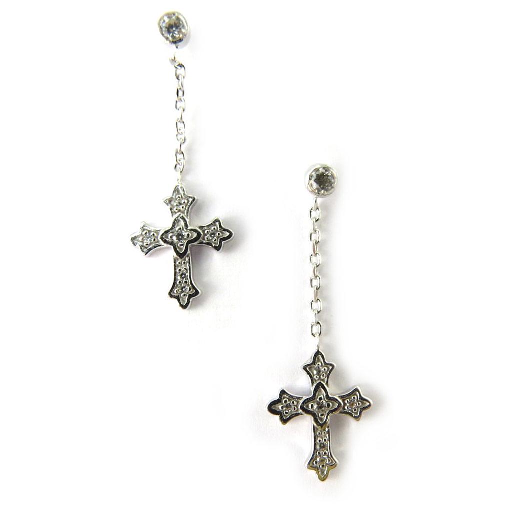 Altesse [M5892] - White 'Gothic Cross' Silver Earrings