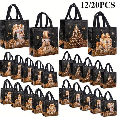 12/20 stuks Feestelijke Kerstcadeautasjes - Sneeuwpop-, Boom- & Kousdesign, Zwart & Goudkleurig met Handvatten, Kerstcadeautasjes
