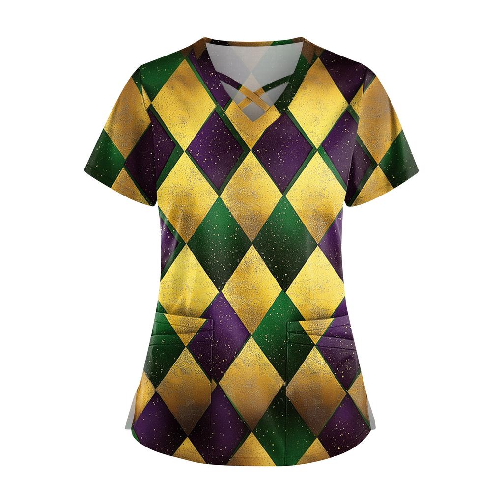 Dam Kortärmad Stagger V-ringad Tryck Ficka Torr-Topp