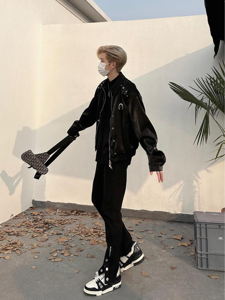 Men's High-End American Retro Liquid Metal Shoulder Pad Jacket