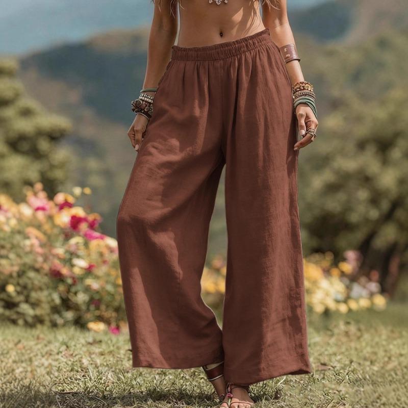 Spring Summer Women's Linen Blend Wide Leg Pants Elastic Waist Casual Loose Palazzo Trousers