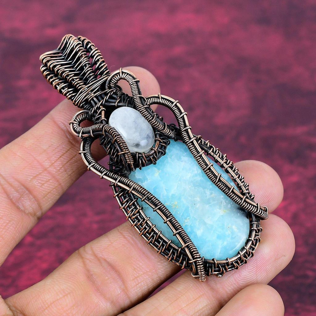 Larimar Pendant Rainbow Moonstone Pendant Copper Wire Wrapped Gemstone Jewelry