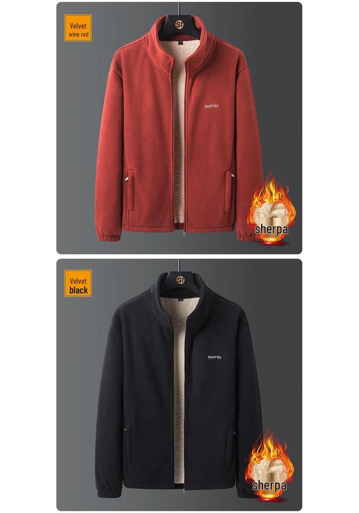 Men's Autumn Korean Style Stand Collar Velvet Jacket with Lambswool and Zipper Welt Pockets