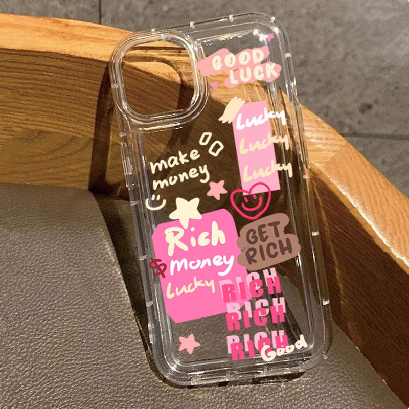 

Pink Lucky Wealth Letter Pattern Phone Case For Xiaomi Poco F6 X6 X3 Pro F7 F5 Transparent Silicone Soft Shockproof Bumper Cover Poco X3 Pro