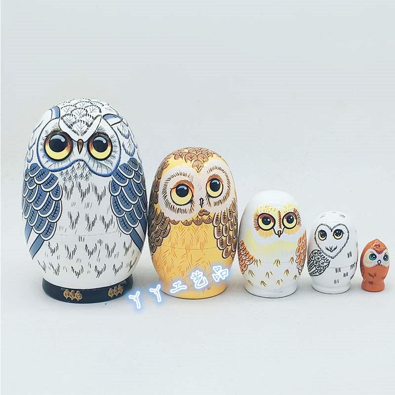 Egg Owl Russian Nesting Dolls - Five-Layer Wooden Toy & Ornament for Kids' Birthday or Christmas Gift.