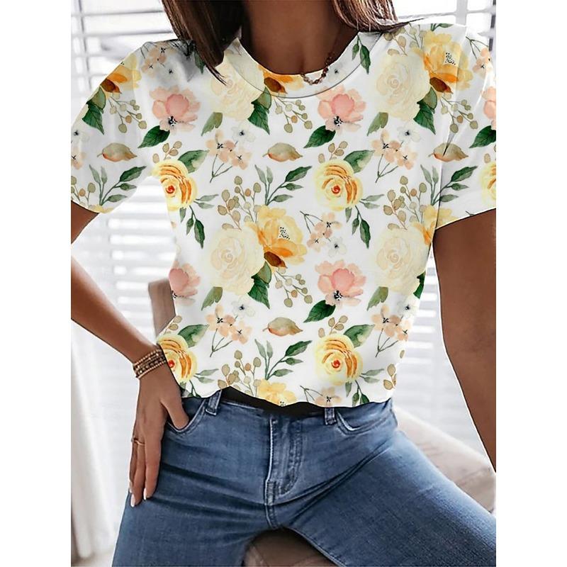 Fashion Floral Graphic Vintage 3D Print T-Shirts Women's Round Neck Short Sleeve T Shirt Tees Harajuku Y2K Tops Female Clothing