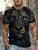 Men'S Printed Short Sleeve T-Shirt - Black And Golden Lion Design, Polyester, Breathable And Comfortable Men'S Stylish Casual Round-Neck Patterned