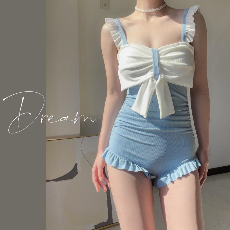 Bow Swimming Suit Women's Spa One-piece Swimwear South Korea Ins Obscure Belly Showing Thin Halter Sexy Beachwear