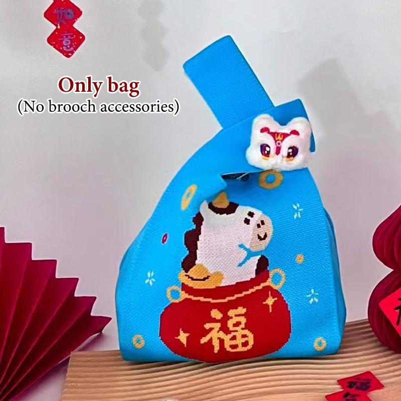 2026 Neujahr Cartoon Maskottchen Pony Gestrickte Geschenktasche Handheld Süßigkeitentasche Große Kapazität Knoten Handgelenktasche Niedliche Wiederverwendbare Einkaufstaschen