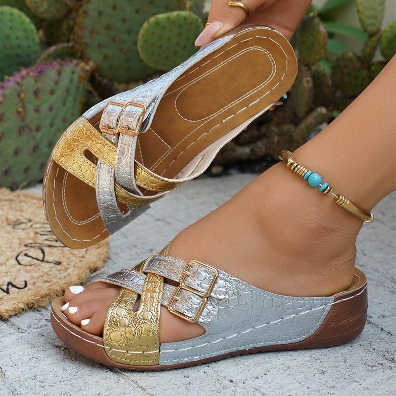 New large size flat bottom belt buckle slippers women's summer new thick bottom slope heel fish mouth cool slippers