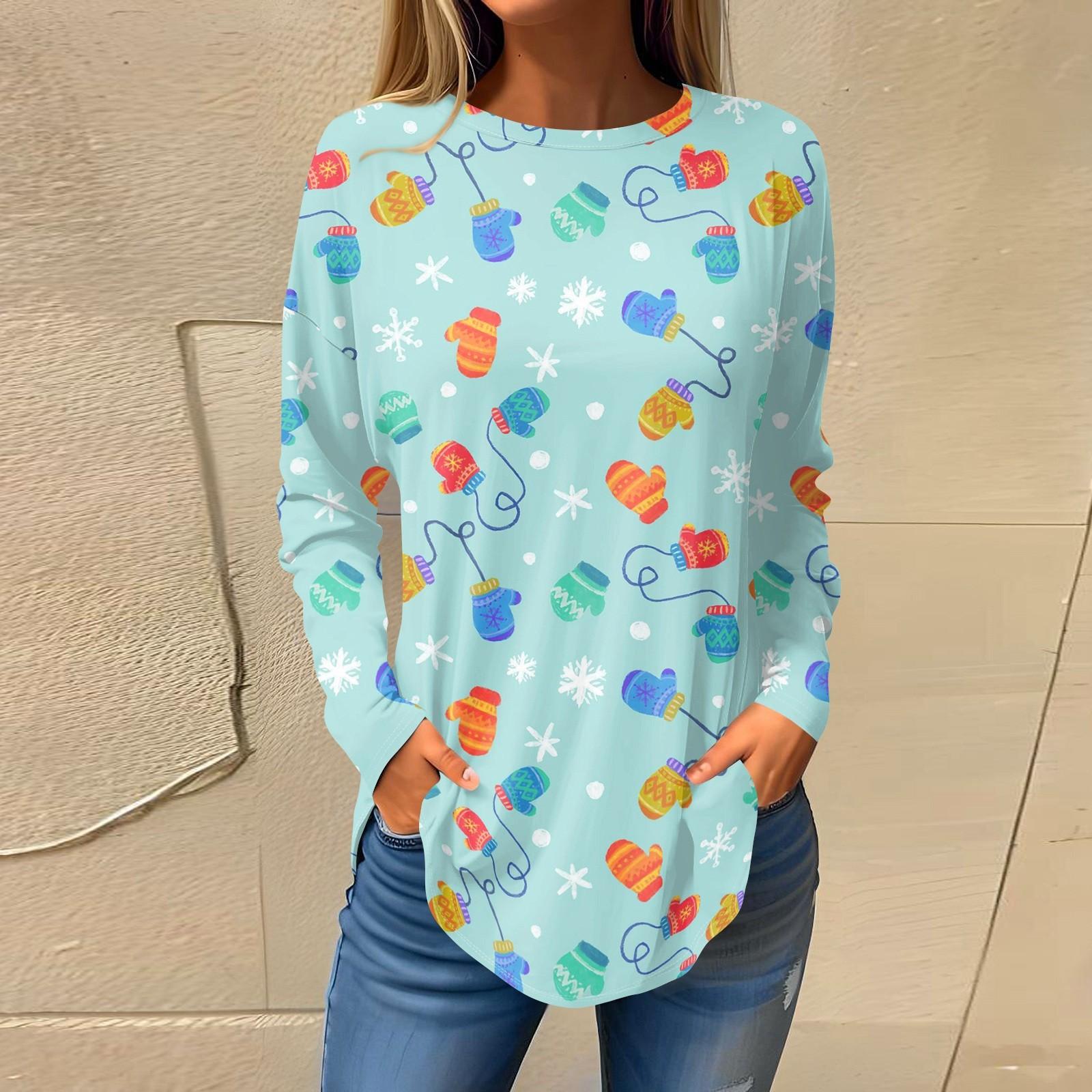 

Футболки для женщин, осенние повседневные рубашки с длинным рукавом, толстовки с винтажным графическим принтом, топы, пуловеры, рождественские L