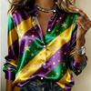 Women Satin Mardi Gras Purple Yellow Green Stripe Bow Print Shirt Long Sleeve Lapel Button Down Blouse Carnival Party Casual Ladies Multi Color Top