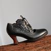 Hollow-out Genuine Leather High Heels Retro Coarse Heels Lace-up Comfortable Women's Shoes