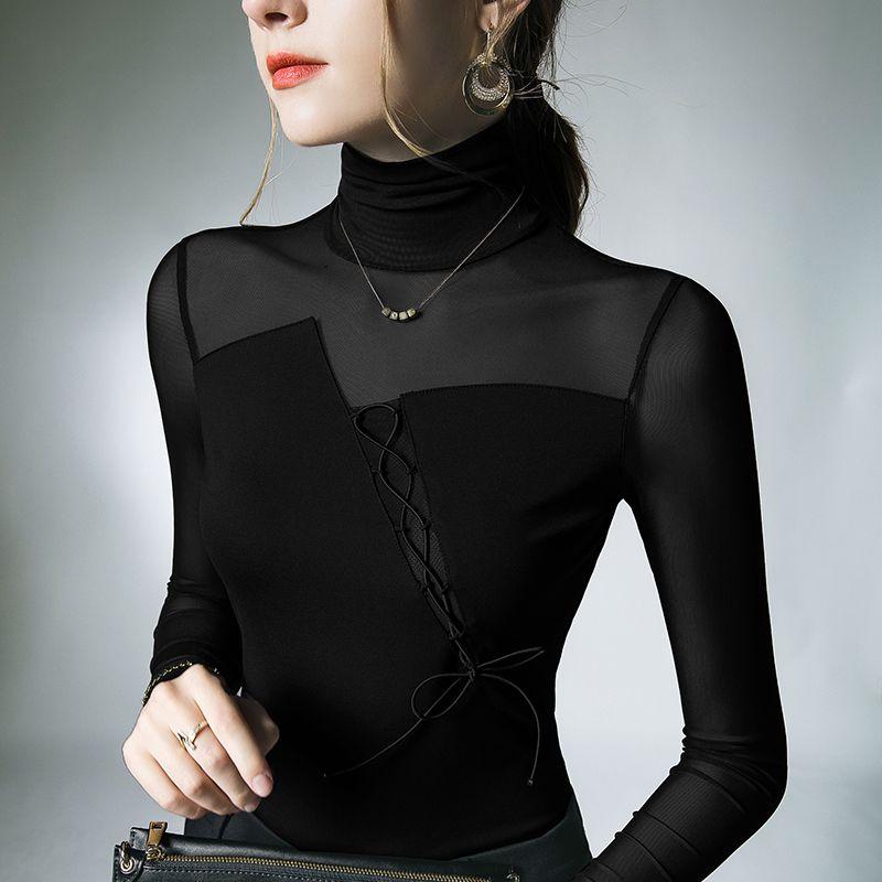 

Autumn Mesh Slightly Transparent Sexy Strap Splice Fashion Style High Neck Long Sleeve Versatile Trendy Women s Shirt S чёрный