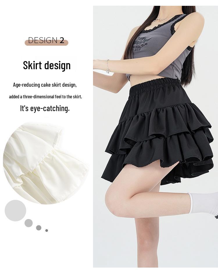 Women's Summer Black A-line Puff Short Skirt - Elastic Waist, Slimming, Anti-Exposure.