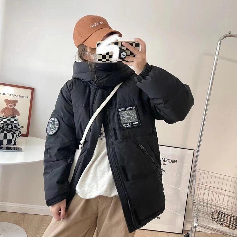 Hooded tooling down jacket women's short winter new contrasting color design sense thickened couple pie to overcome the jacket tide