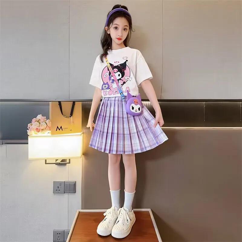 Girls' Summer Preppy Short Sleeve Top & Pleated Skirt Set