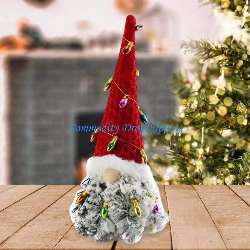 Y5JC Plush Elderly Gnomes Dolls Christmas Decoration Swedish Tomtes Stuffed Figurine Toy with Colorful Faux String Light China Mainland