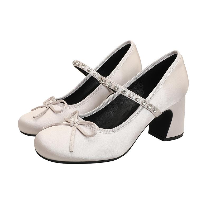 Søt sløyfe Høye hæler Rhinestones En-stropp Damesko Rund tå Mary Jane-sko