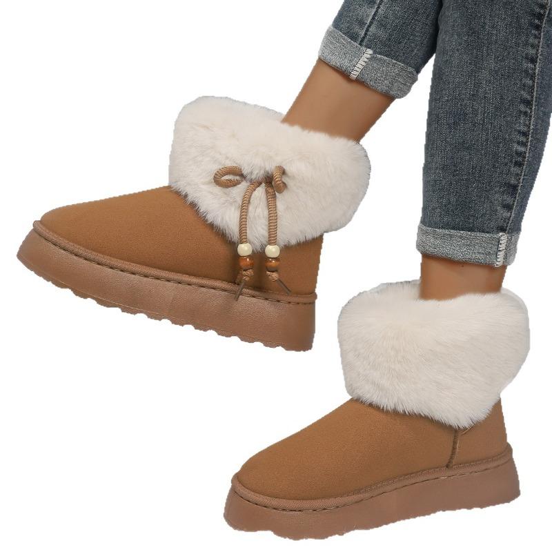 Damen Fellige Schneestiefel mit Schleife & Perlen, Plüschgefütterte Winterstiefeletten, Outdoor Knöchelstiefel auf Lager
