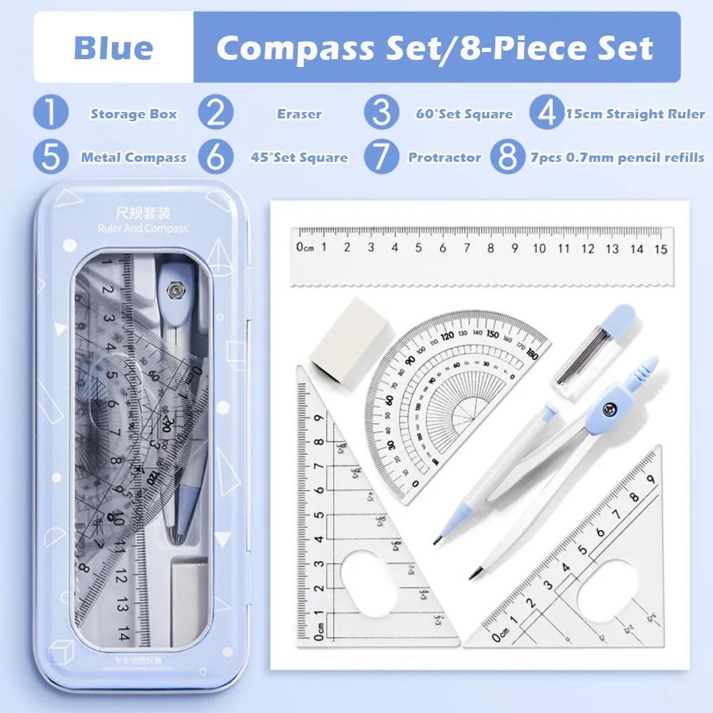 Portable 8PCS/Set Plastic Ruler Compasses Set Transparent Eraser Protractor Set Square Straight Ruler Measuring Ruler Students