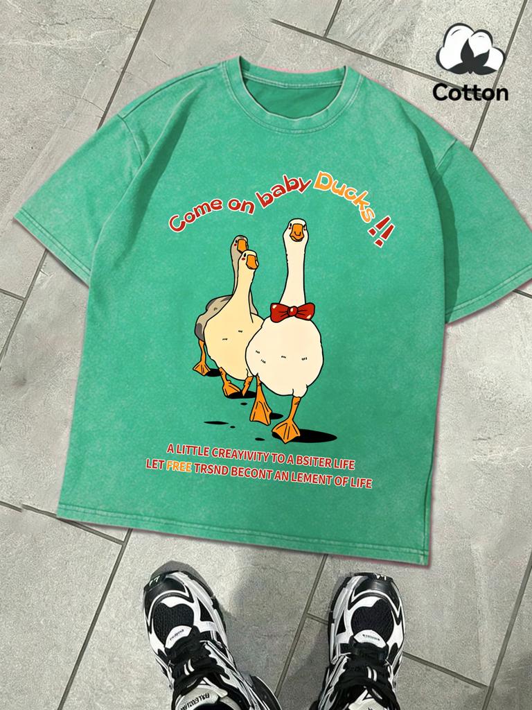 Come On Baby Duck Design Washed Mens TShirt Summer Casual Retro Cotton Top Snow Wash Tees Unisex Loose ONeck Streetwear