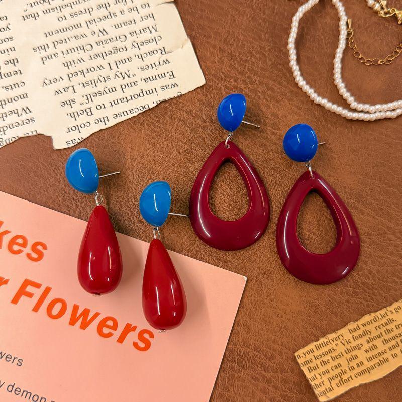 Retro Hong Kong Red Color Block Exaggerated Luxury Dangle Earrings - 2025 Vacation Style