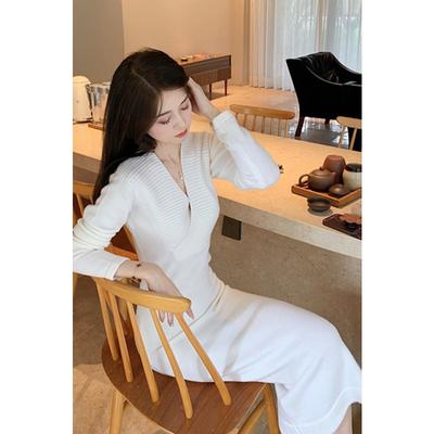 Super Long Sweater White Knitted Bottom Hip-wrapped Dress Women's Autumn and Winter Coat