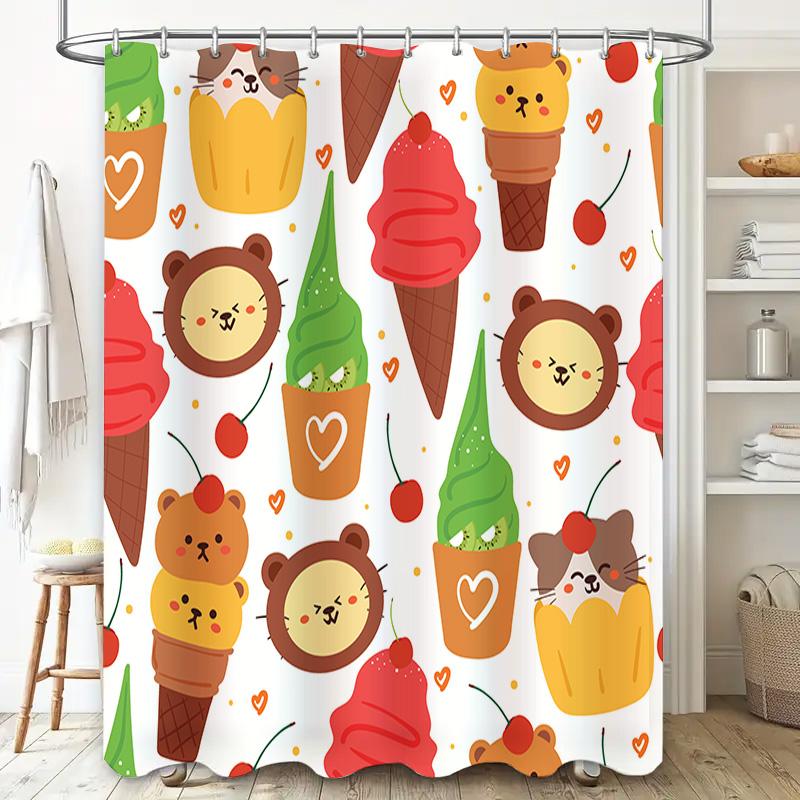 Adorable Animal Ice Cream Shower Curtain Set for Bathroom Decor Cartoon Print Fabric Shower Curtains with Rings included