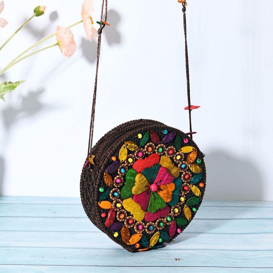 

Новая женская сумка Simia из бисера и кокосовой скорлупы, ретро-сумка кроссбоди из кокосовой скорлупы, плетеная вручную, повседневная, этническая, универсальная разноцветный