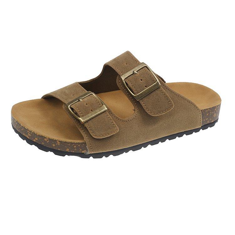 British retro one-word button slippers women's summer wear 2025 new Korean version one-word drag flats beach shoes sandals