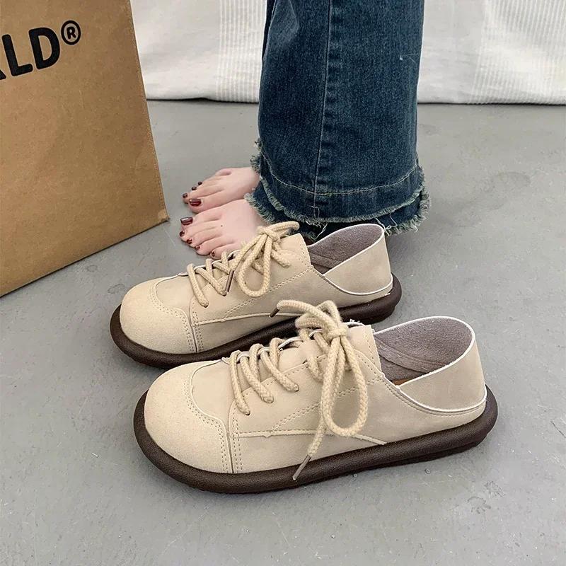Fashion 2025 Spring and Autumn New Fashion Versatile Round Toe Shoes Women's Soft Sole Lace-Up Casual Simple Splicing Retro Flat Shoes
