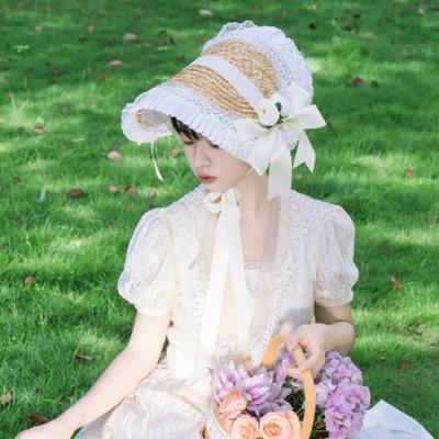 Lace Lolita Straw Hat Flat Top Bow Ribbon Flower Cap Elegant Lolita Bonnet  Beach Vacation